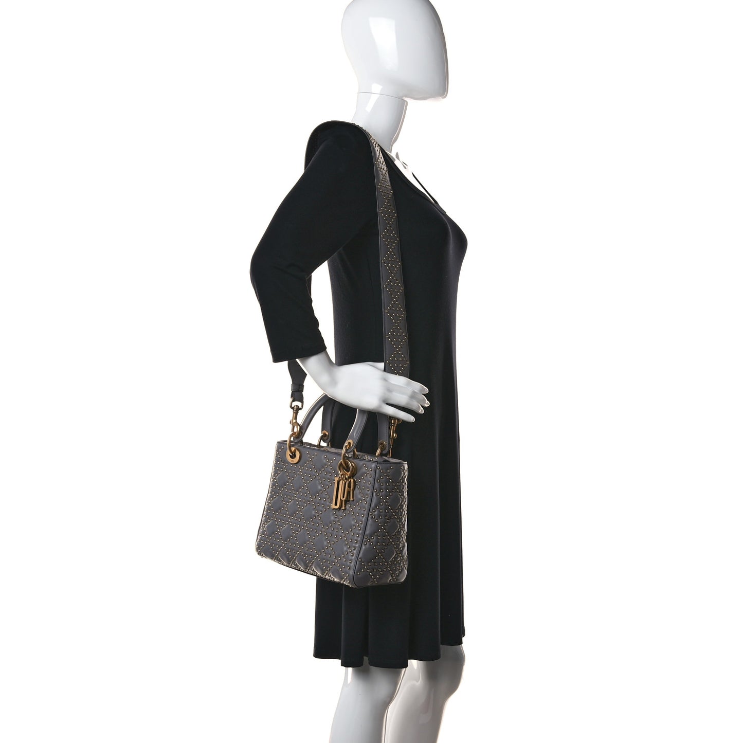 Calfskin Cannage Studded Medium Supple Lady Dior Grey