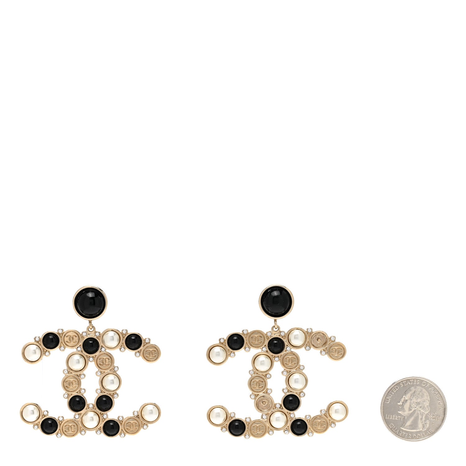 Chanel Crystal Pearl Metal Resin Polka Dot CC Drop Earrings Black Gold 2 of 5