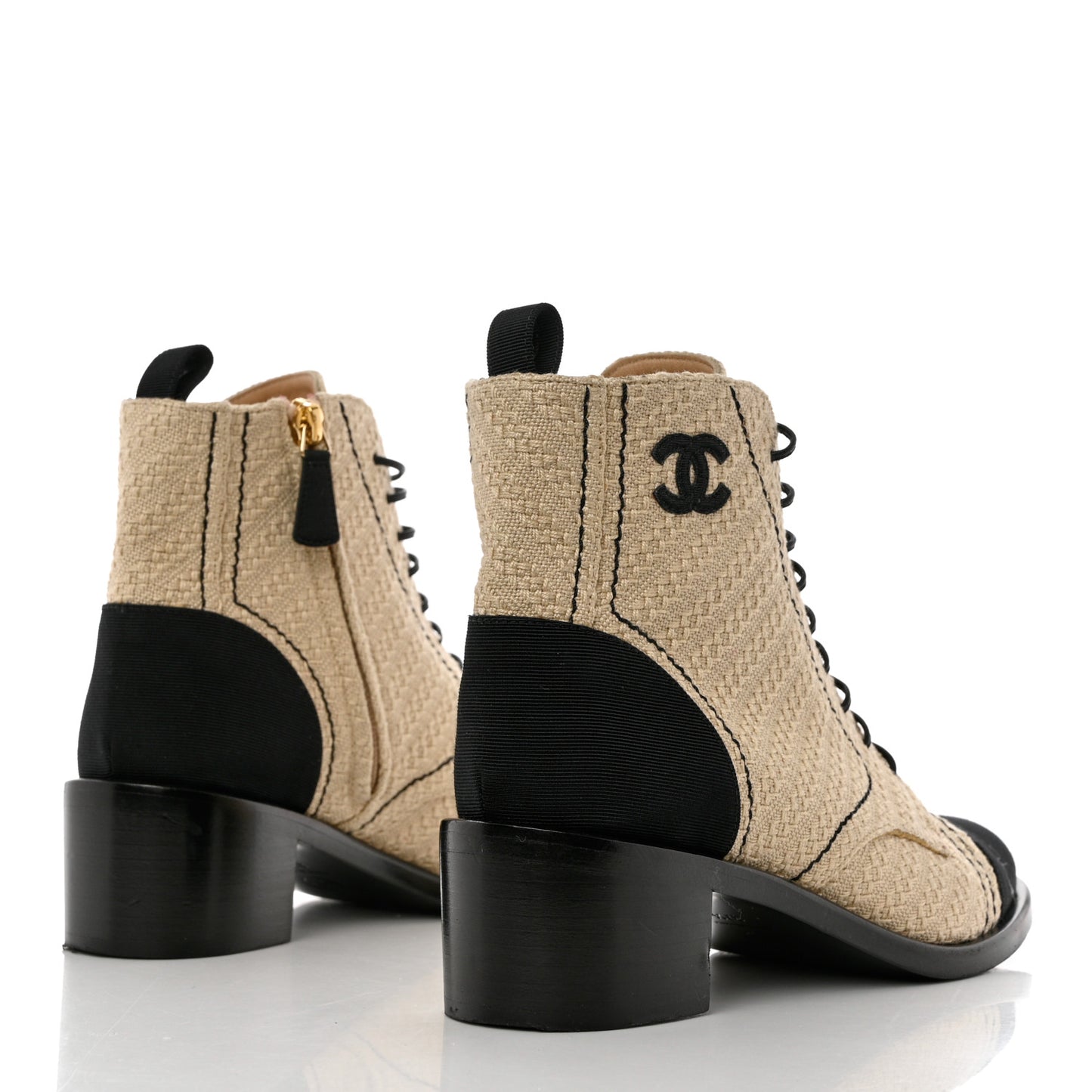 Woven Raffia Grosgrain Cap Toe Womens CC Lace Up Combat Short Boots 37.5 Beige Black