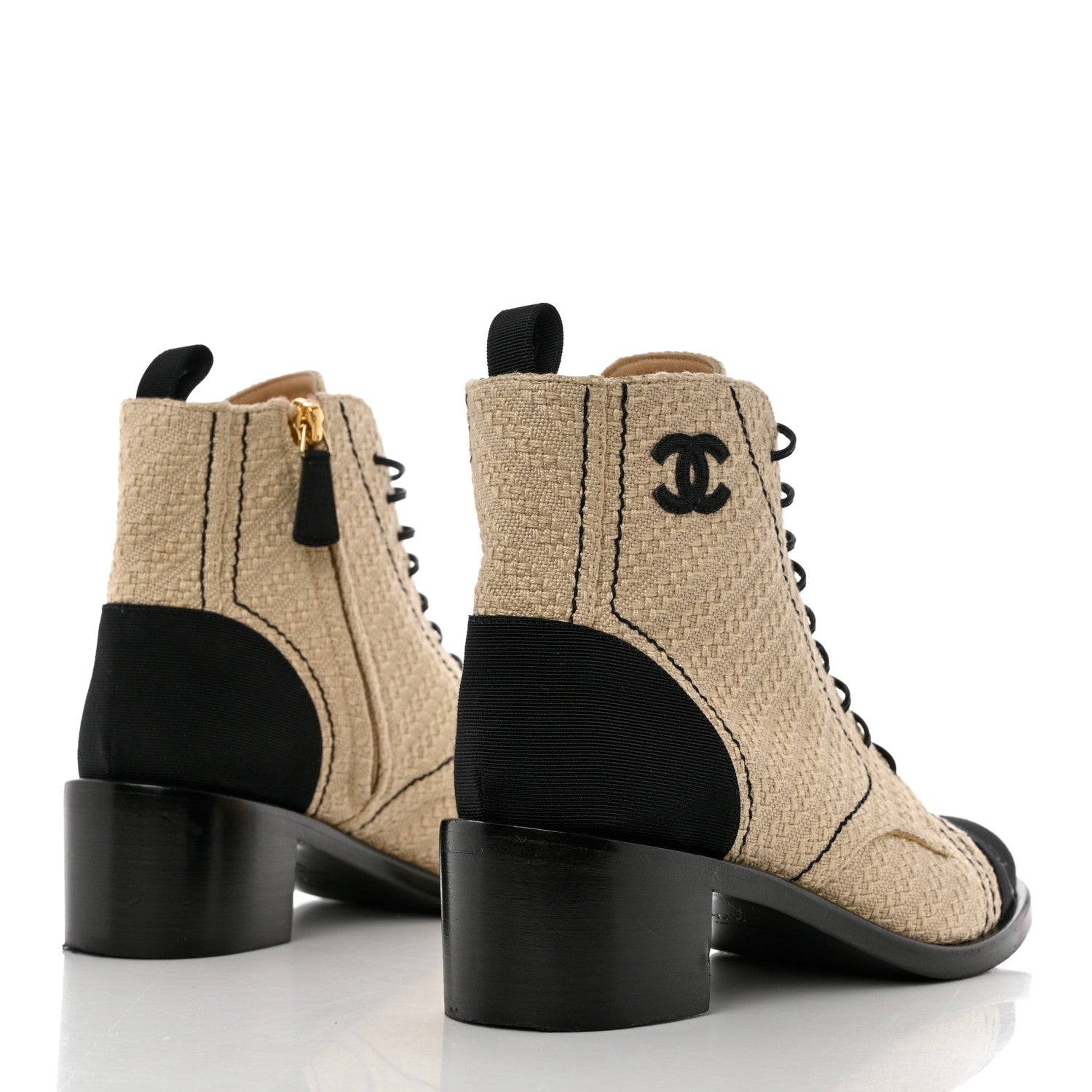Chanel Woven Raffia Grosgrain Cap Toe Womens CC Lace Up Combat Short Boots 37.5 Beige Black 4 of 8