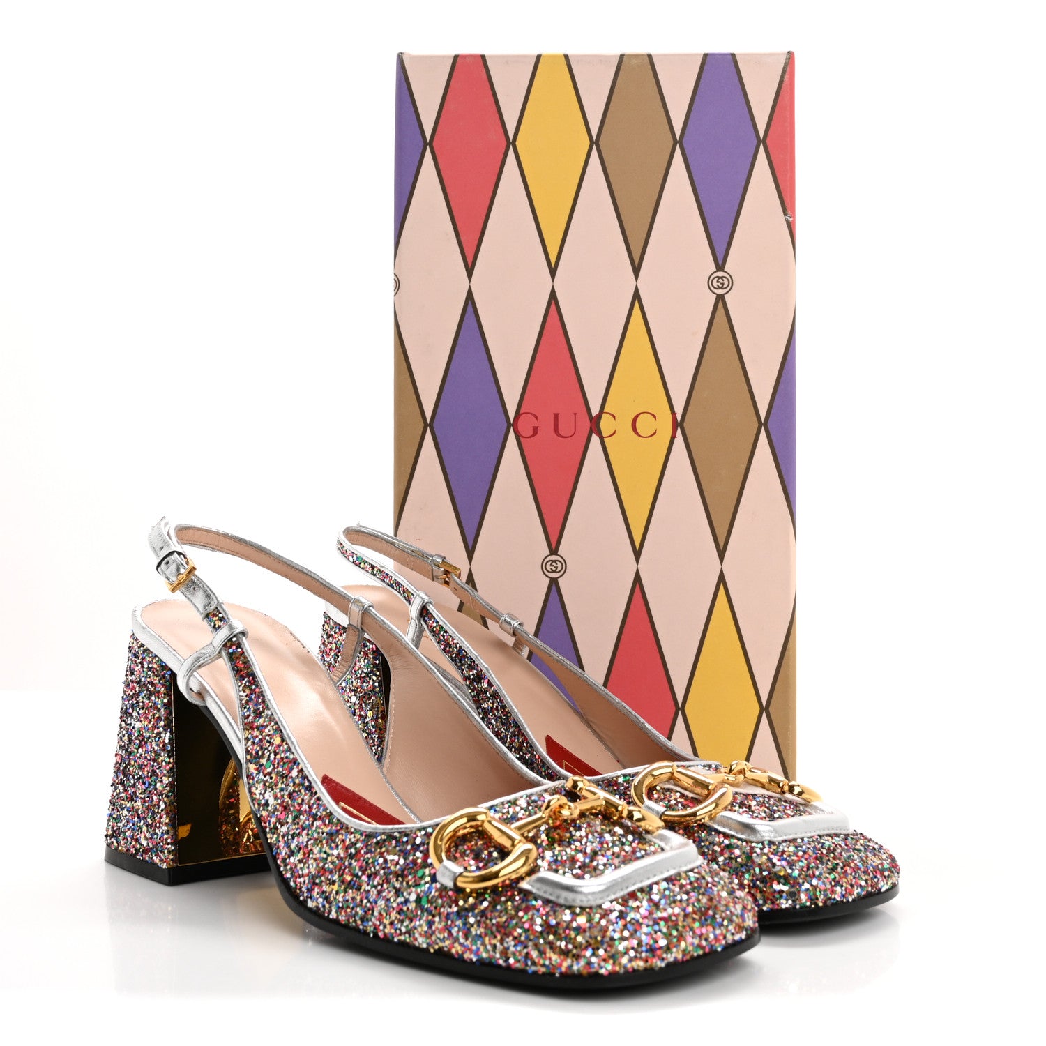 Gucci Glitter Nappa Silk Horsebit 75mm Slingback Pumps 41 Multicolor Argento 9 of 9