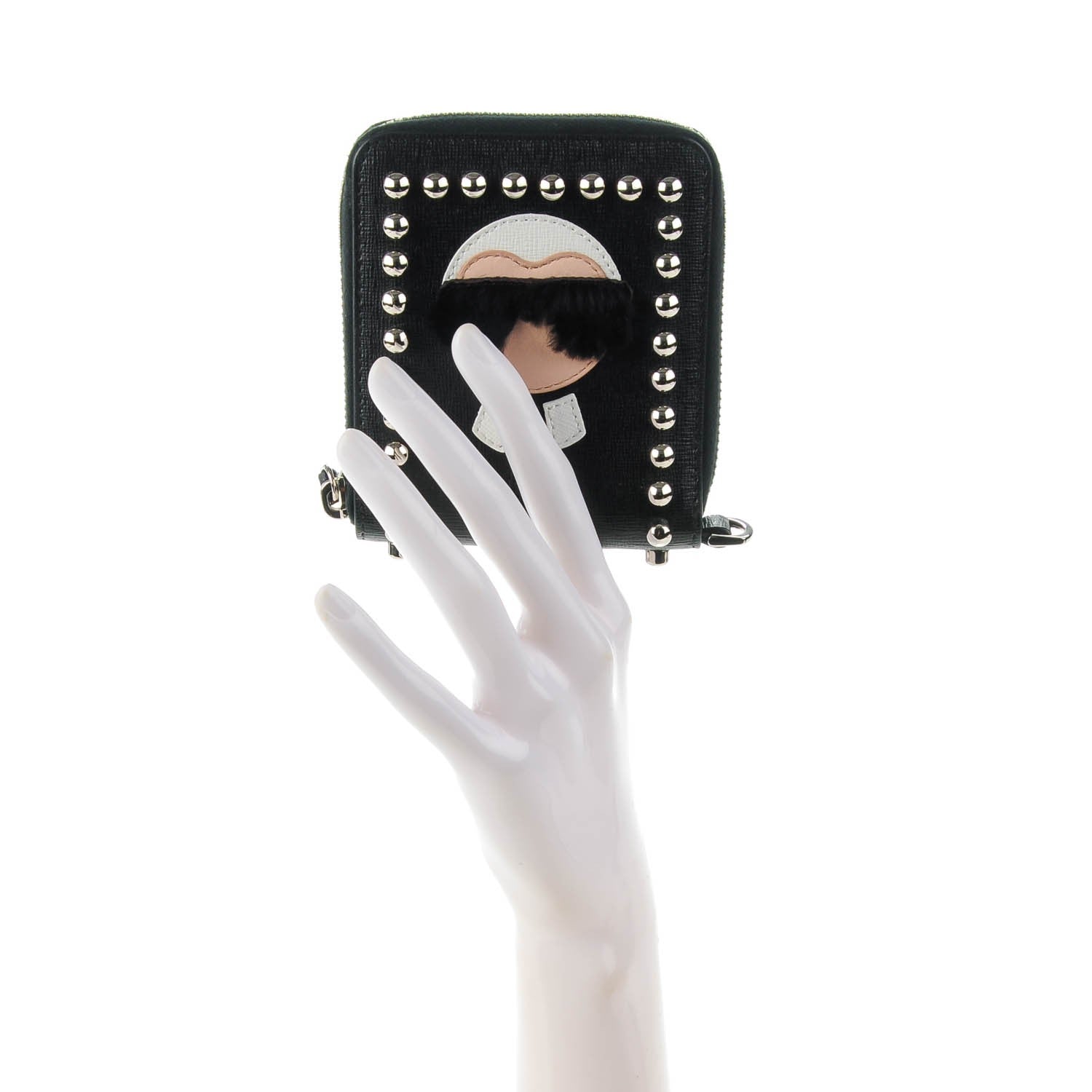 Fendi Vitello Elite Flamingo Mink Karlito Studded Zip Around Chain Wallet Black White Plaster 2 of 9
