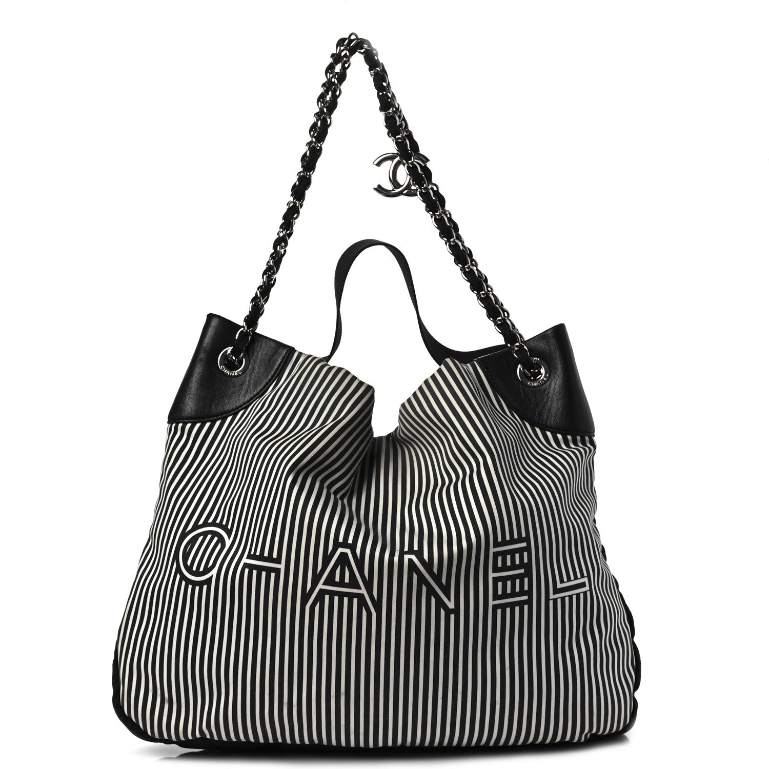Chanel Striped Canvas Logo Tote Black 1 of 10