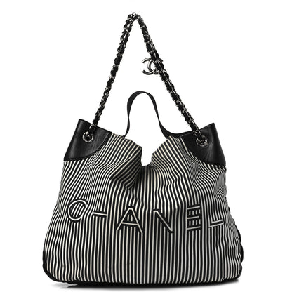 Chanel Striped Canvas Logo Tote Black 1 of 10