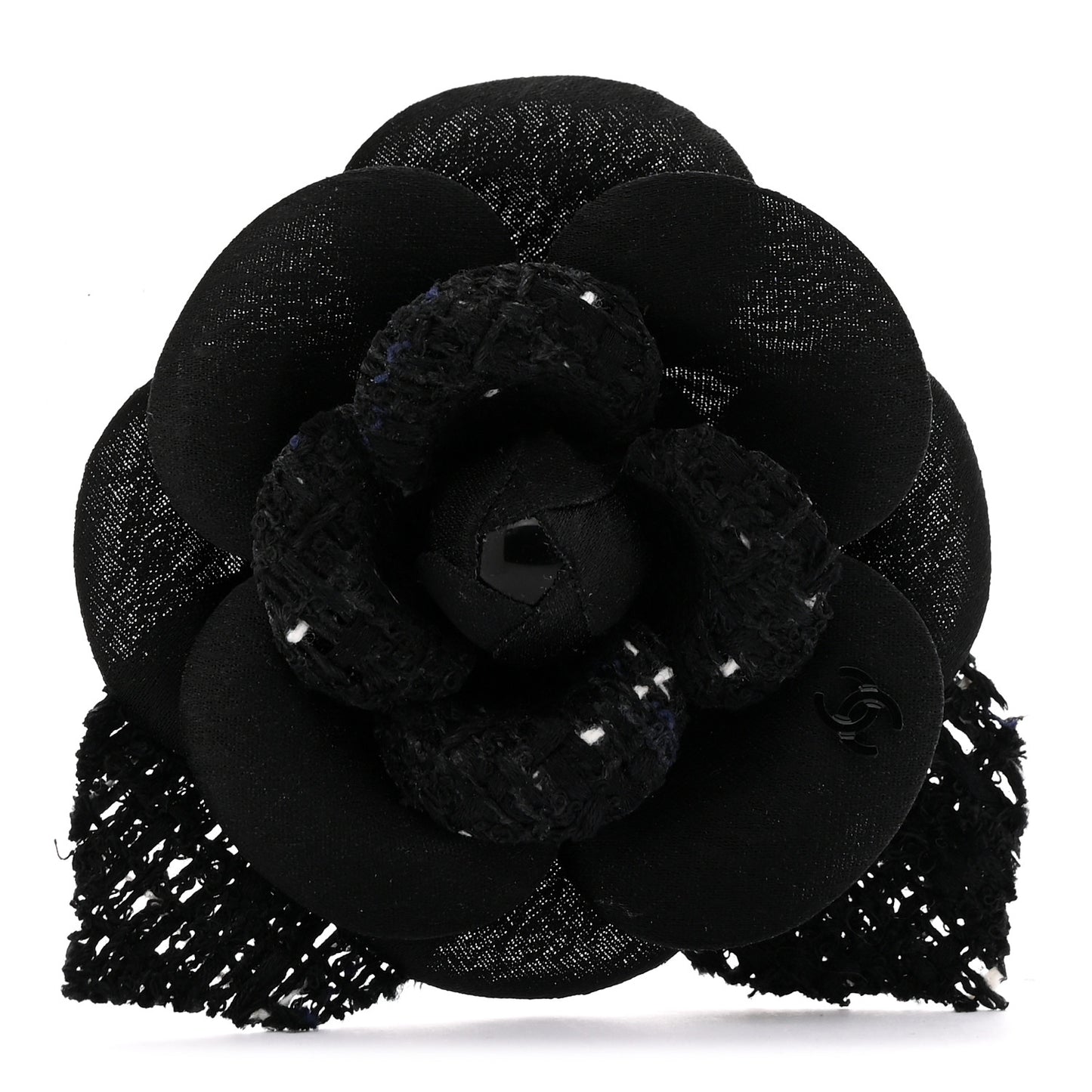 Tweed Fabric Camellia Pin Brooch Black