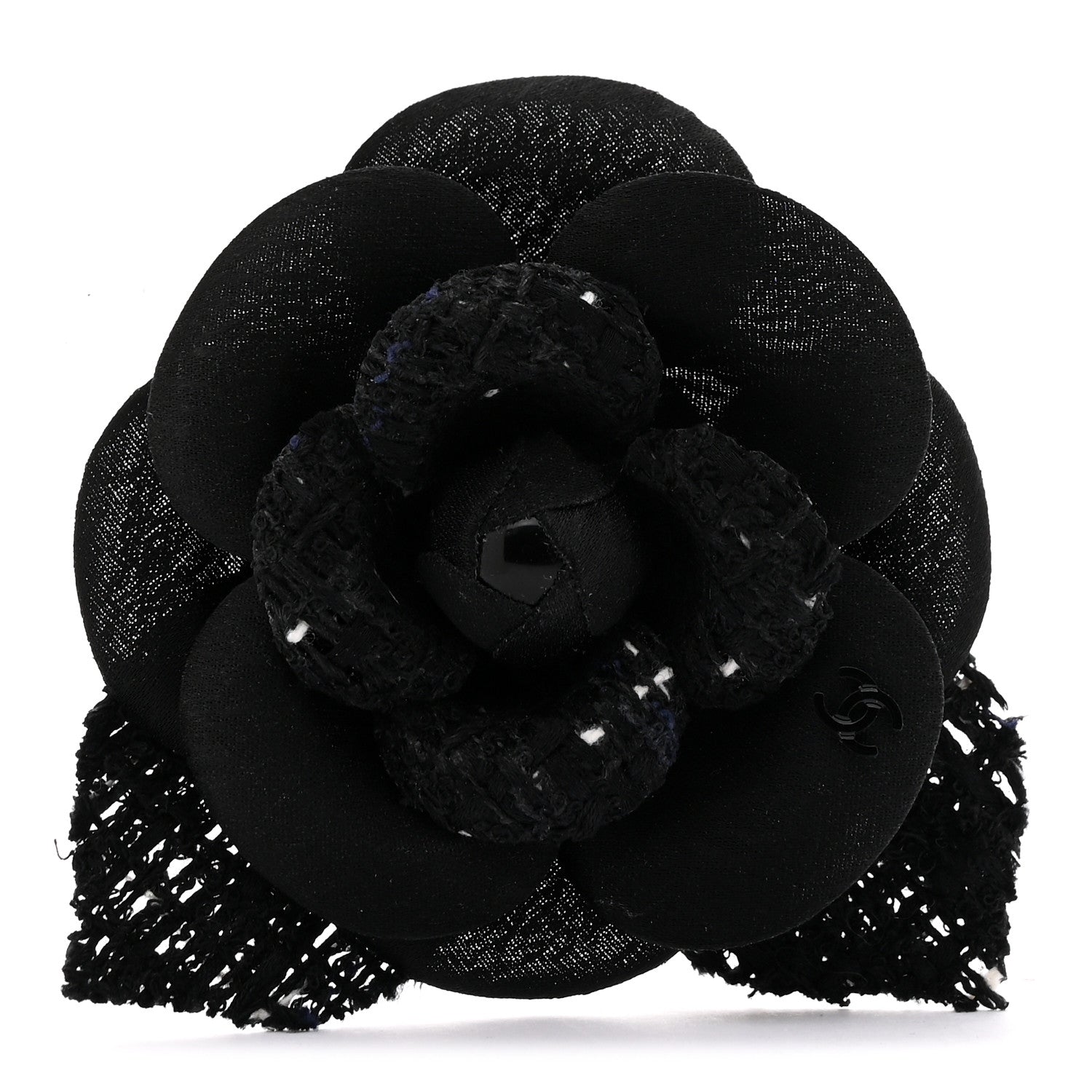 Chanel Tweed Fabric Camellia Pin Brooch Black 1 of 3