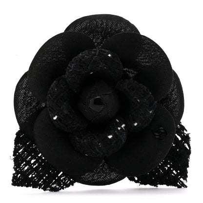 Chanel Tweed Fabric Camellia Pin Brooch Black 1 of 3
