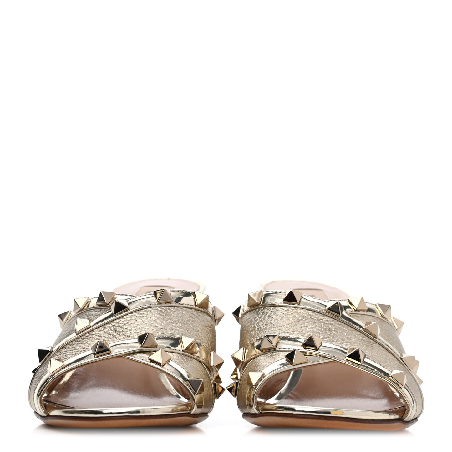 Metallic Pebbled Calfskin Rockstud Crisscross Slide 60mm Sandals 37 Platino