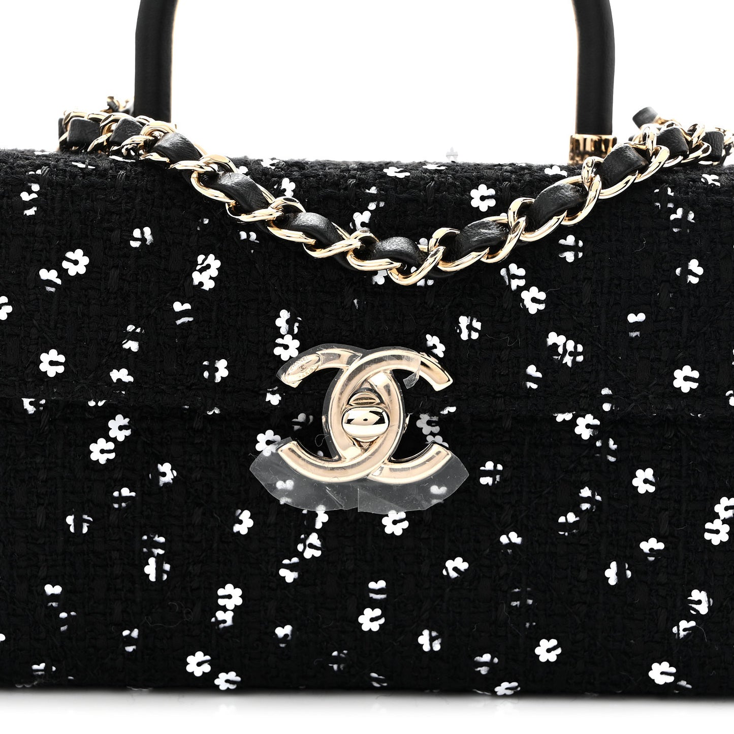 Tweed Sequin Quilted Top Handle Box Bag Black