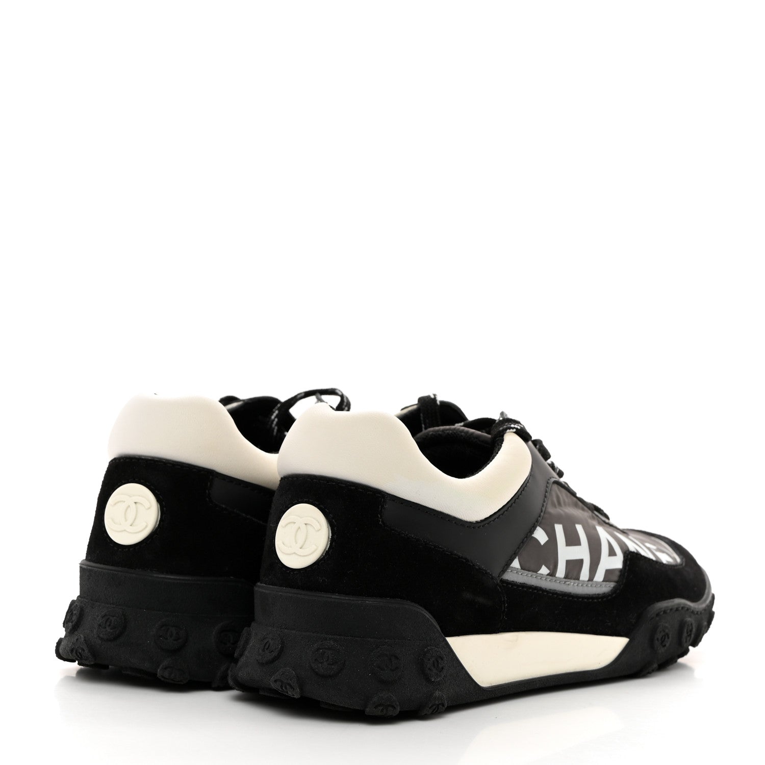 Chanel Nylon Calfskin Suede Womens CC Sneakers 37 Black Grey White 4 of 8