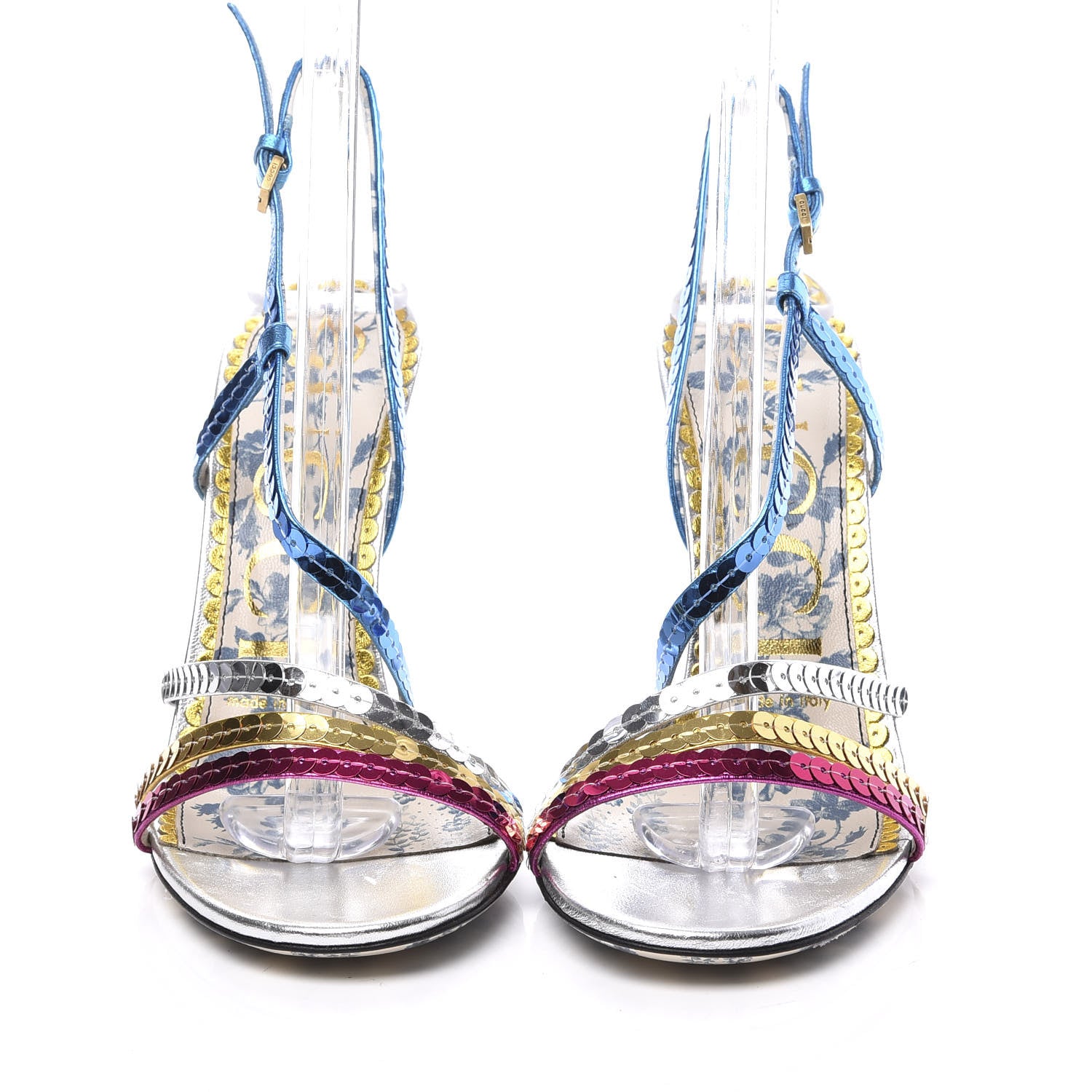 Gucci Sequin Paillette Nappa Silk Braided Haines High Heel Sandals 36.5 Fuxia Oro Vecchio Argento 2 of 9
