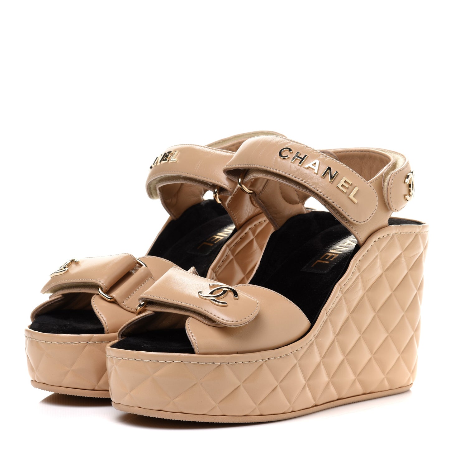 Shiny Calfskin Quilted Wedge Sandals 36 Beige