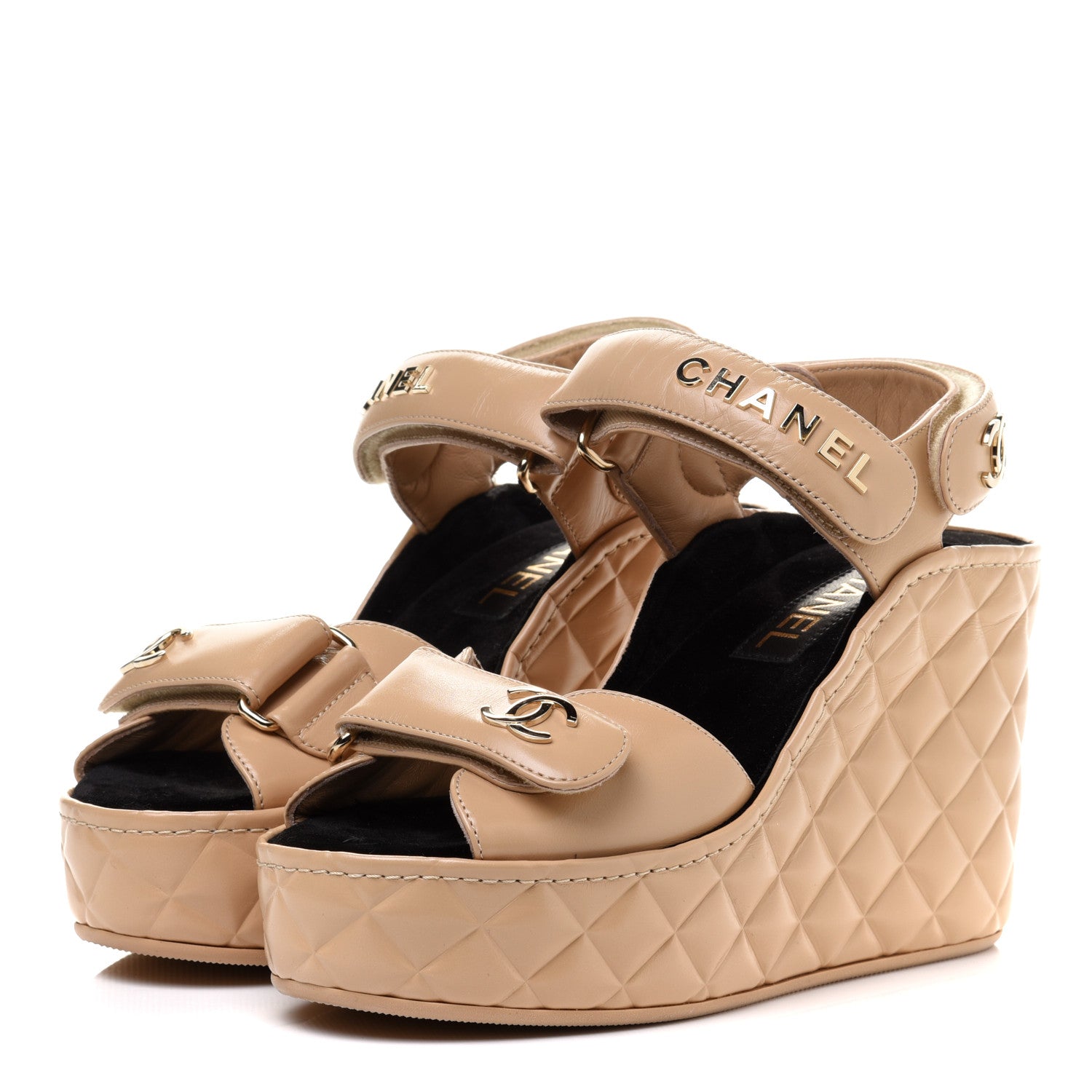 Chanel Shiny Calfskin Quilted Wedge Sandals 36 Beige 3 of 10