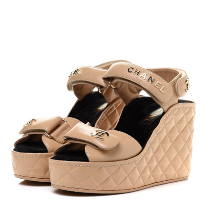 Chanel Shiny Calfskin Quilted Wedge Sandals 36 Beige 3 of 10