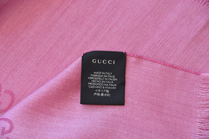 Gucci Wool Silk Monogram Fringe Scarf Pink 6 of 7