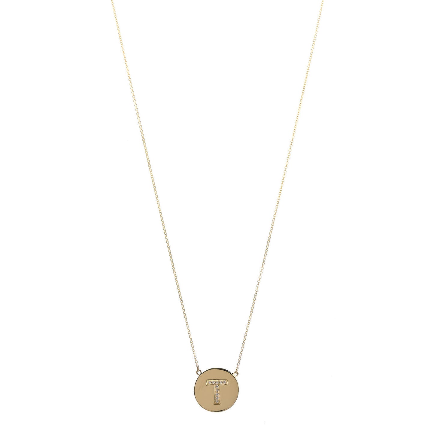 18K Yellow Gold Diamond Letter T Disc Necklace
