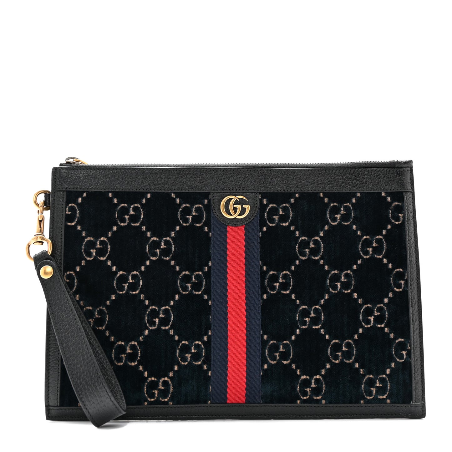 Velvet GG Monogram Textured Calfskin Web Ophidia Wristlet Blue Beige Black