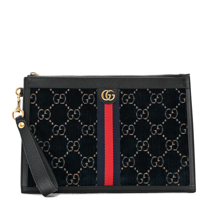 Gucci Velvet GG Monogram Textured Calfskin Web Ophidia Wristlet Blue Beige Black 1 of 10