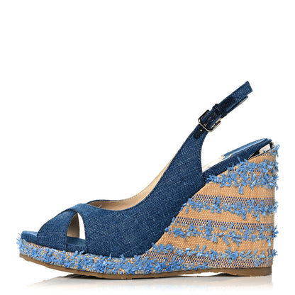 Jimmy Choo Denim Fringed Raffia Almer 105 Wedge Sandals 37.5 Navy 1 of 8