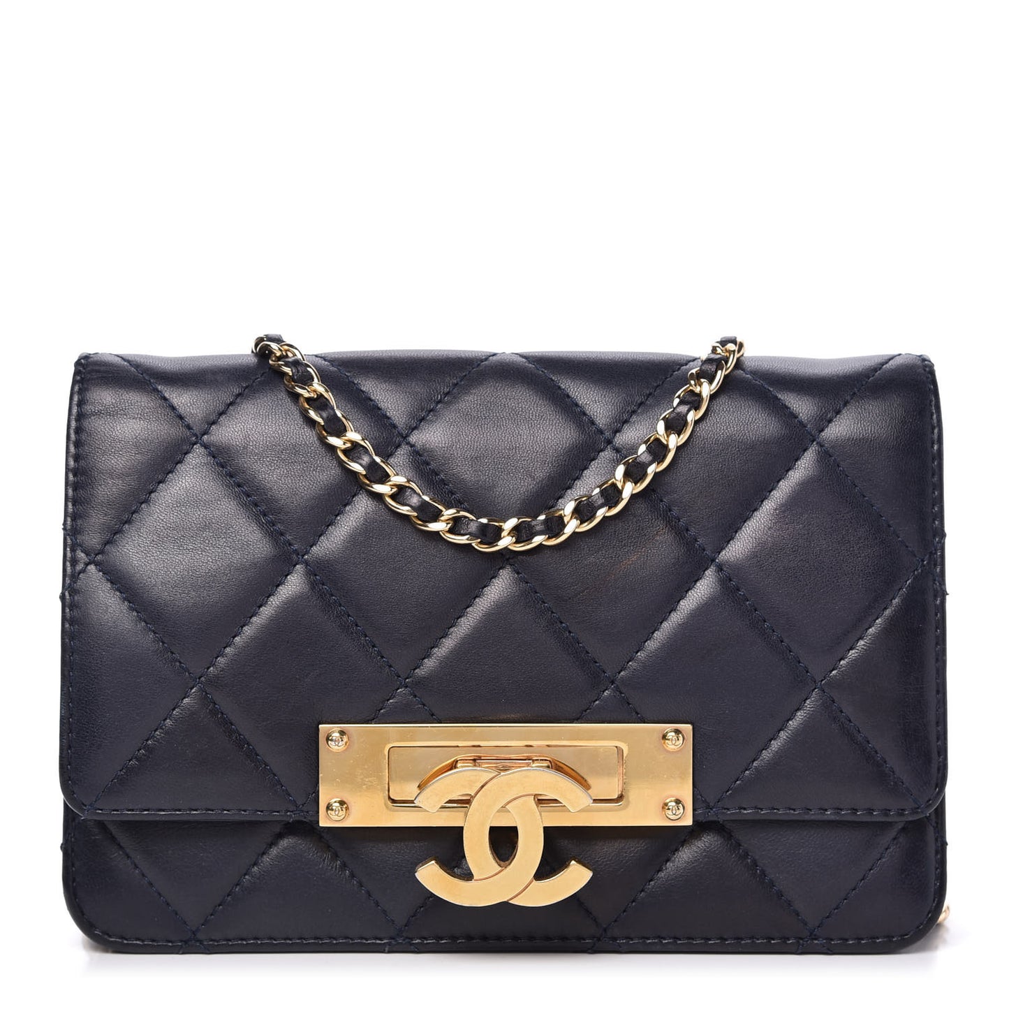 Lambskin Quilted Golden Class Wallet on Chain WOC Navy