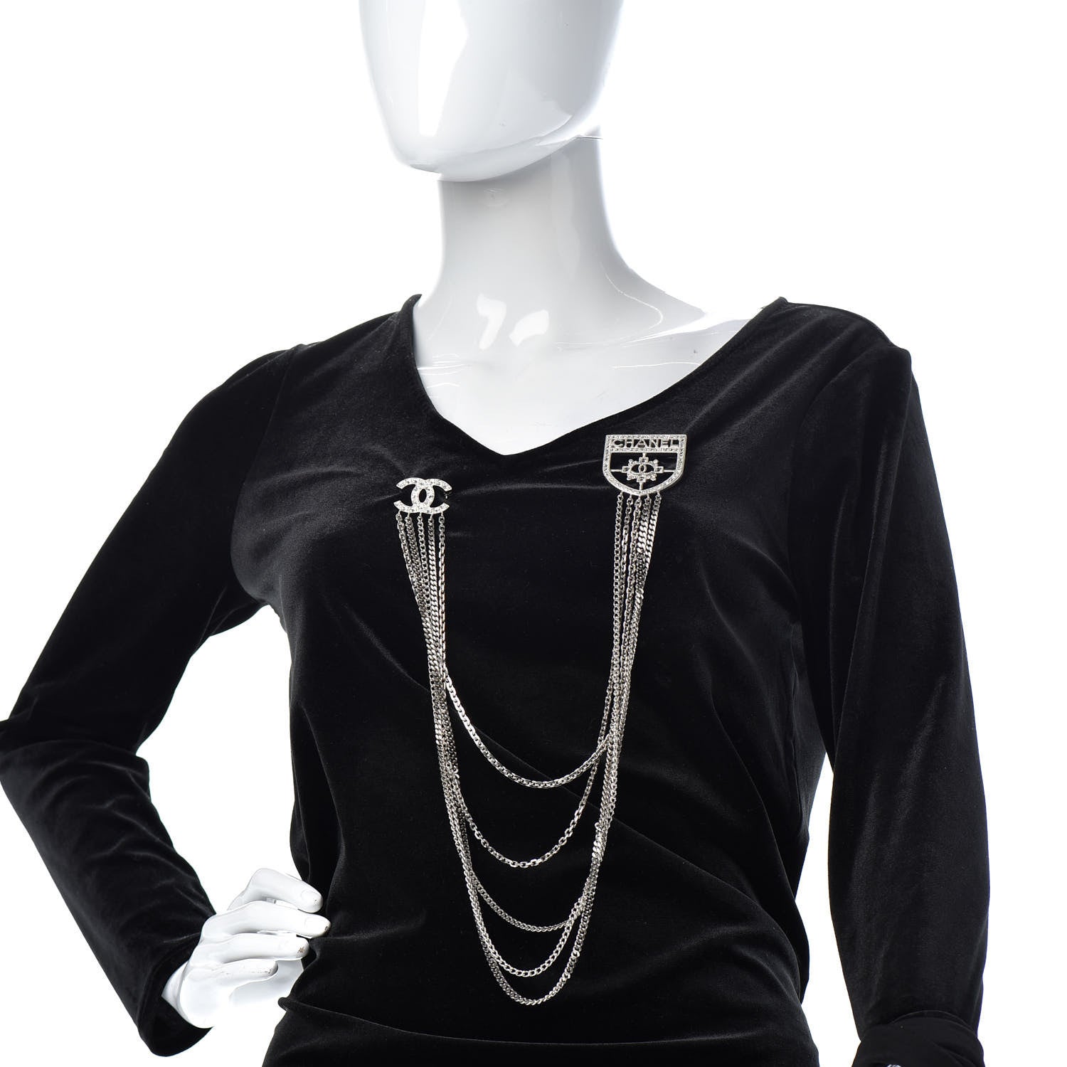 Chanel Baguette Crystal CC Shield Multi Strand Long Chain Brooch Silver 2 of 4