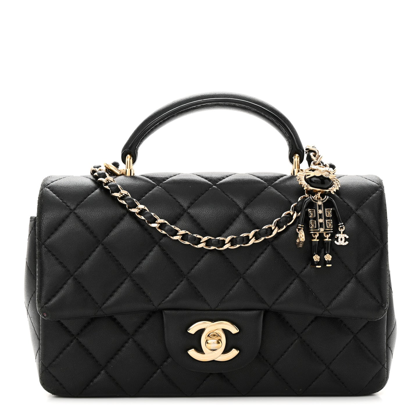 Lambskin Quilted Mini Lion Charm Top Handle Rectangular Flap Black