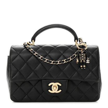 Chanel Lambskin Quilted Mini Lion Charm Top Handle Rectangular Flap Black 1 of 17