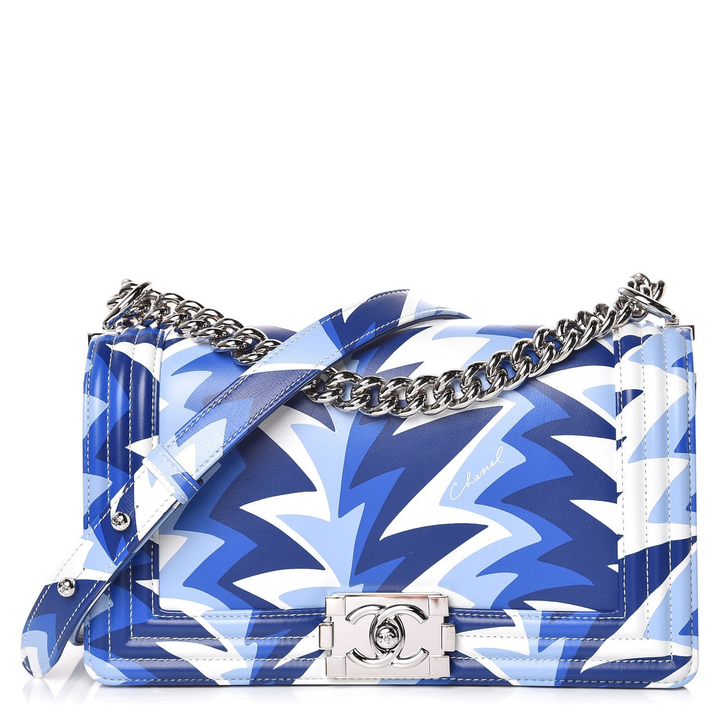 Printed Calfskin Medium Boy Flap Blue White