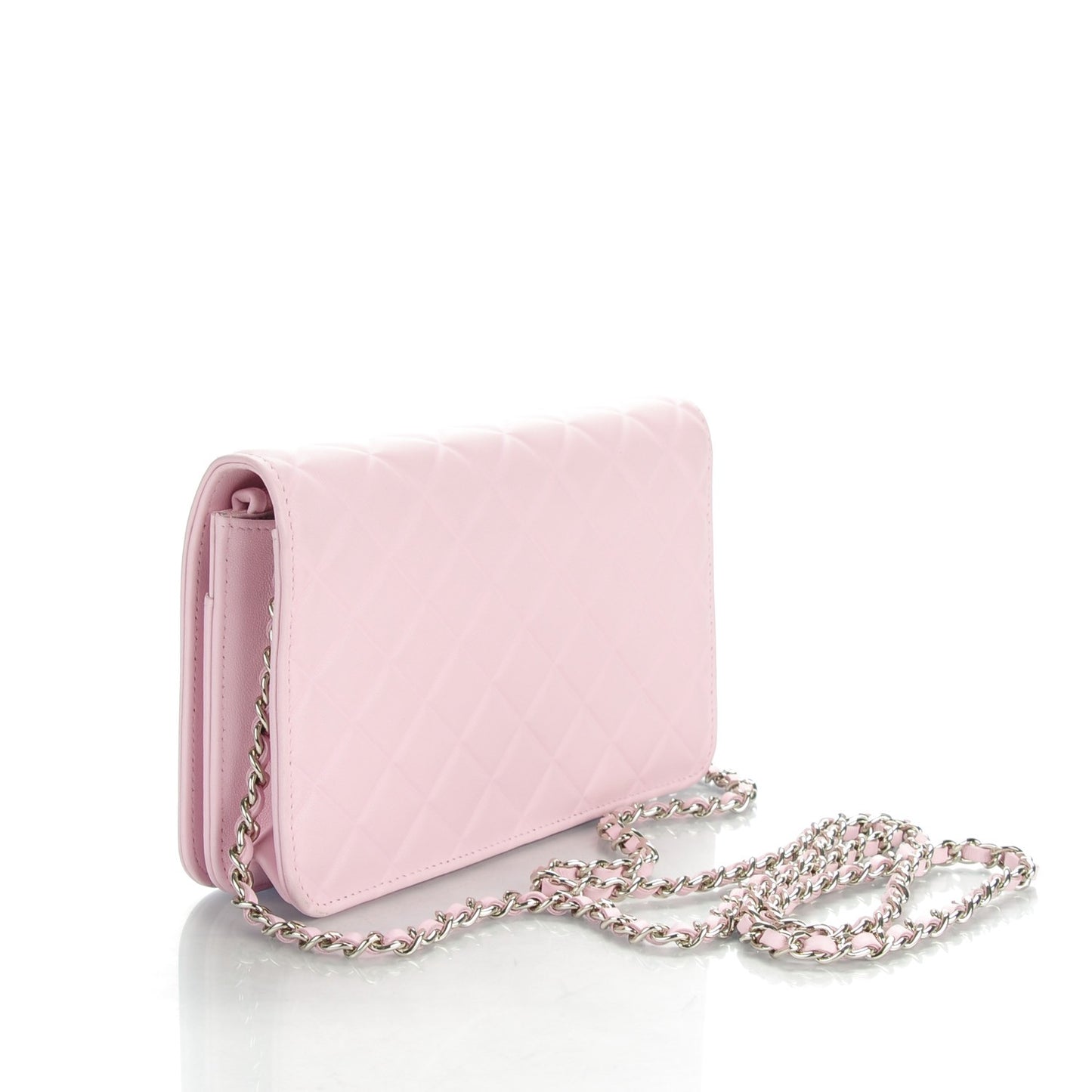 Lambskin Quilted Diamond CC Wallet On Chain WOC Pink