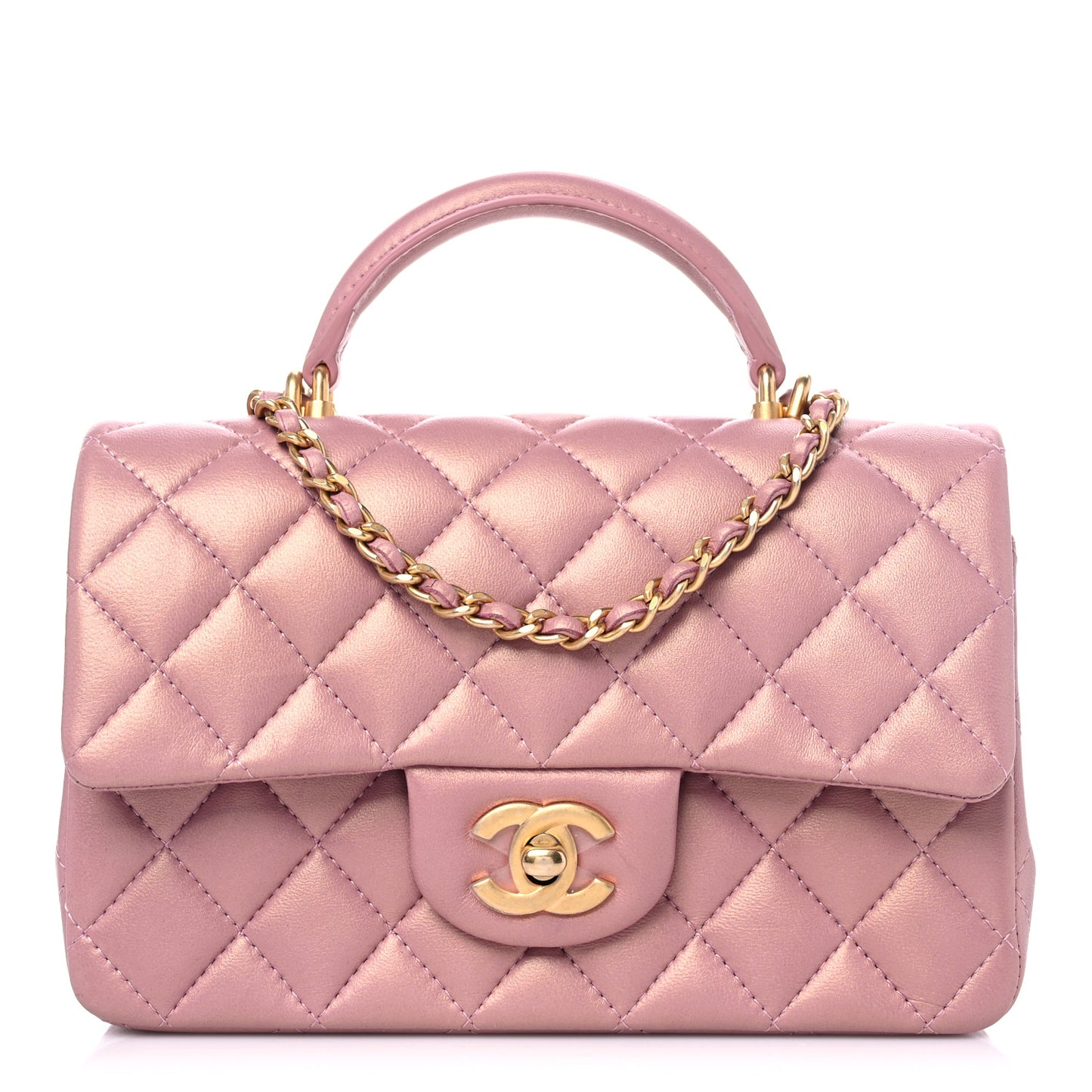 Iridescent Lambskin Quilted Mini Top Handle Rectangular Flap Pink