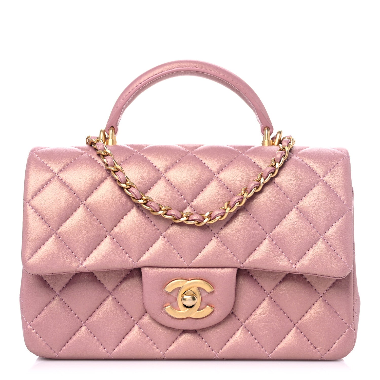 Chanel Iridescent Lambskin Quilted Mini Top Handle Rectangular Flap Pink 1 of 10
