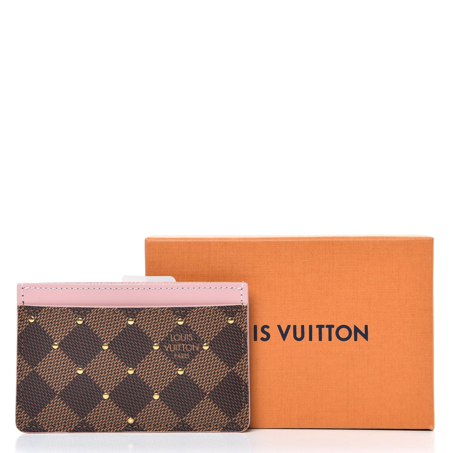 Damier Ebene Studded Card Holder Rose Ballerine