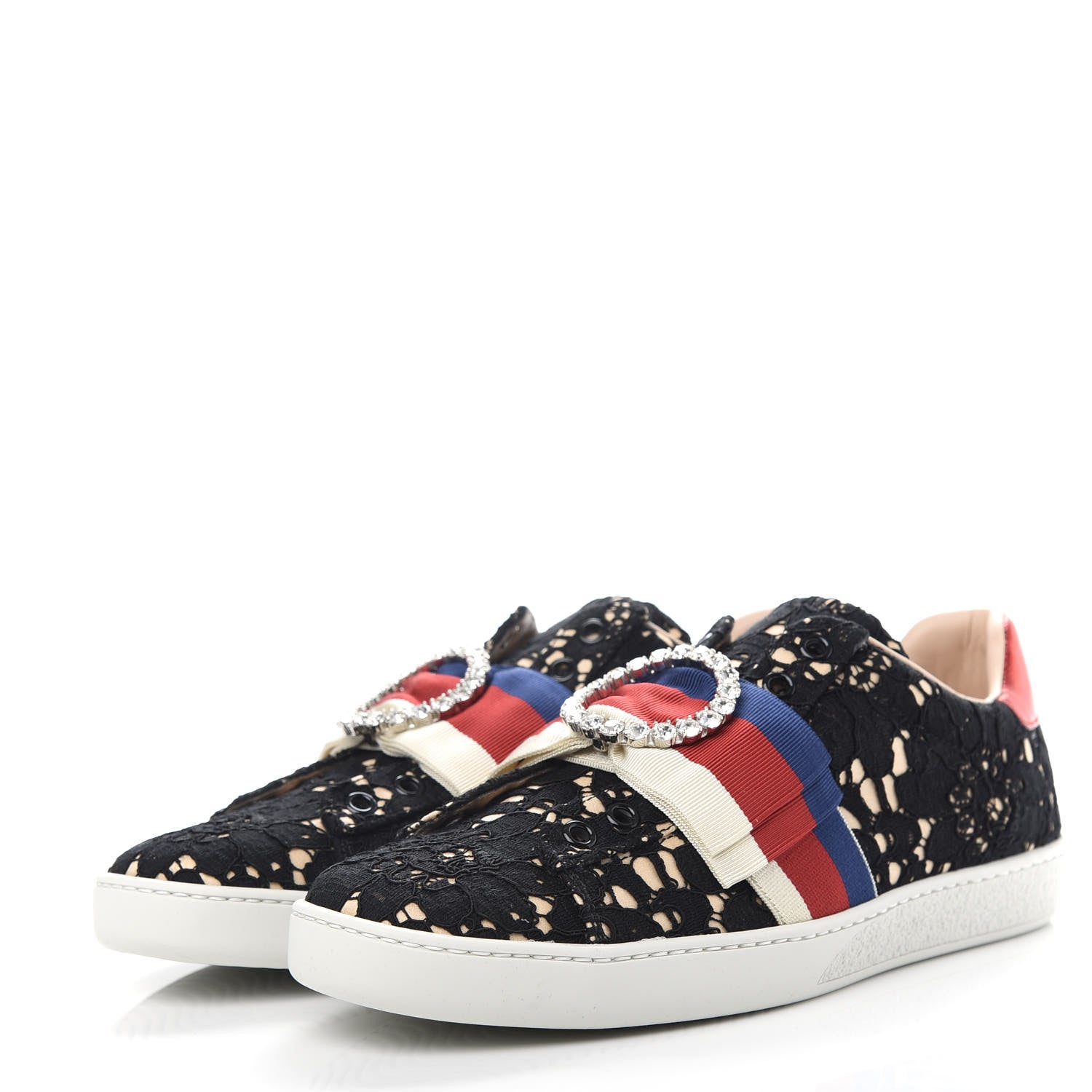 Gucci Lace Crystal Sylvie Web Flower Leaf Womens Ace Sneakers 37.5 Black Tan Beige 3 of 11