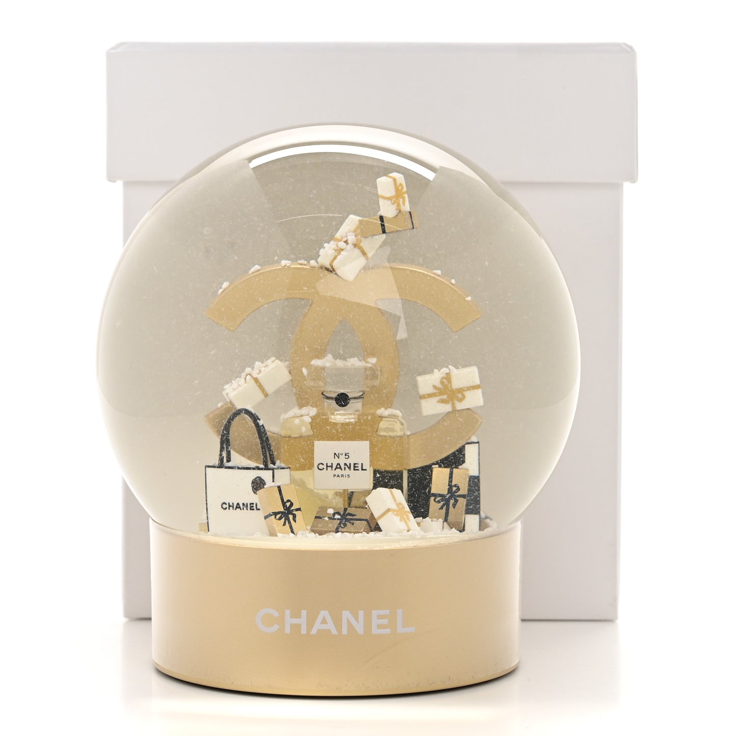 Glass CC Shopping Bag Snow Globe Gold
