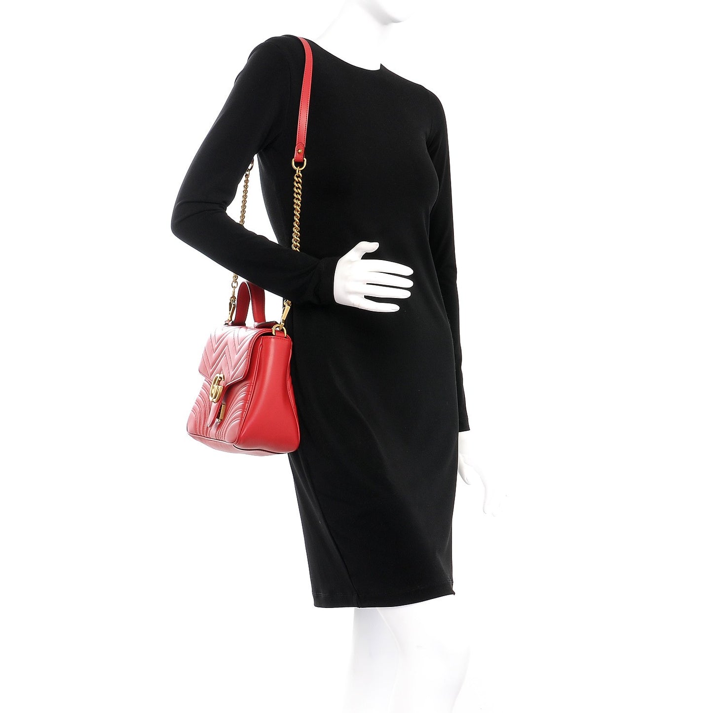 Calfskin Matelasse Small GG Marmont Top Handle Shoulder Bag Hibiscus Red