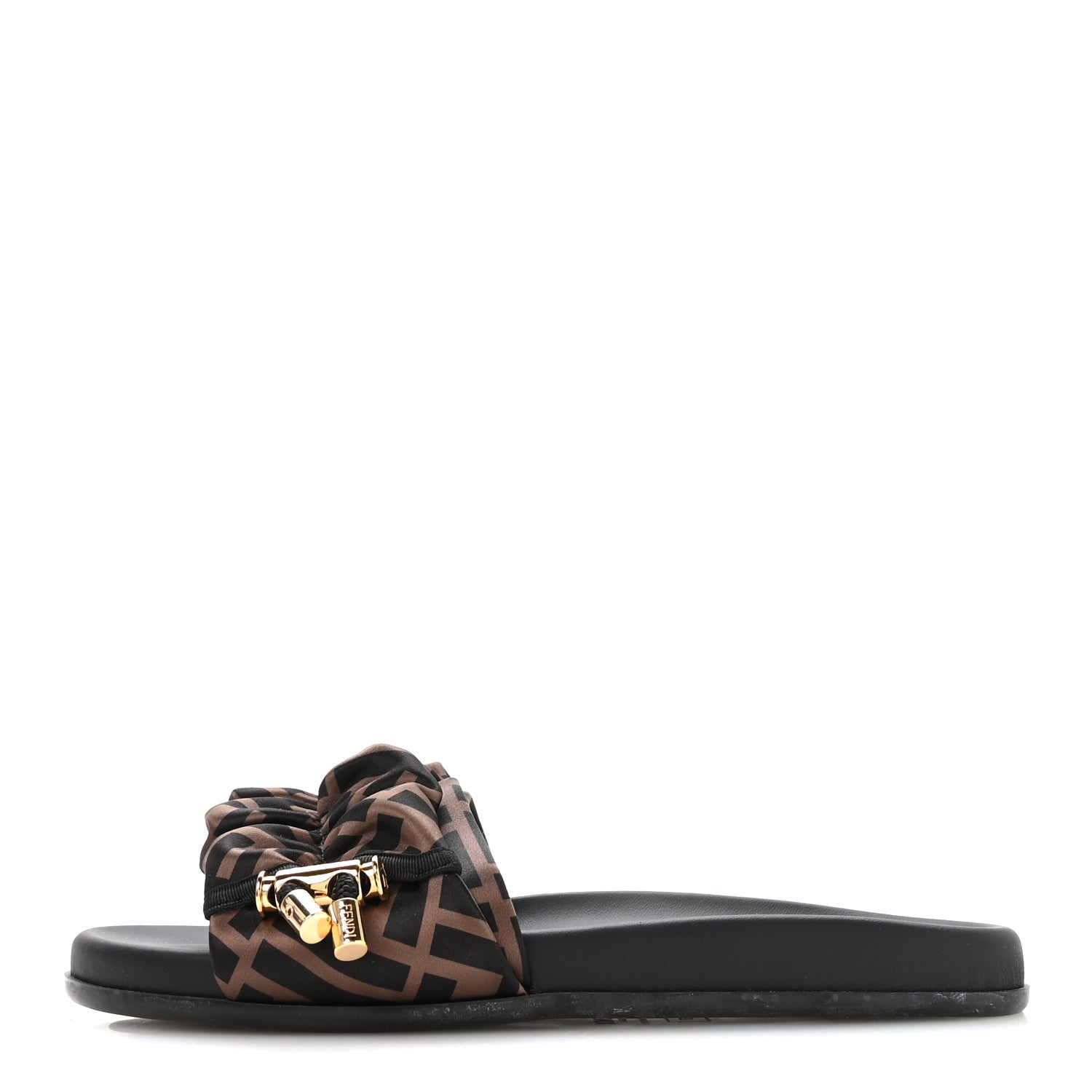 Fendi Satin FF Fendi Feel Slide Sandals 37 Tobacco Black 1 of 7