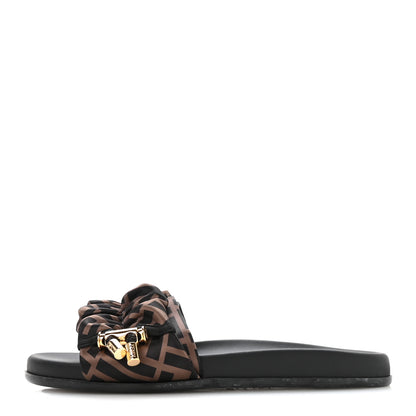 Fendi Satin FF Fendi Feel Slide Sandals 37 Tobacco Black 1 of 7