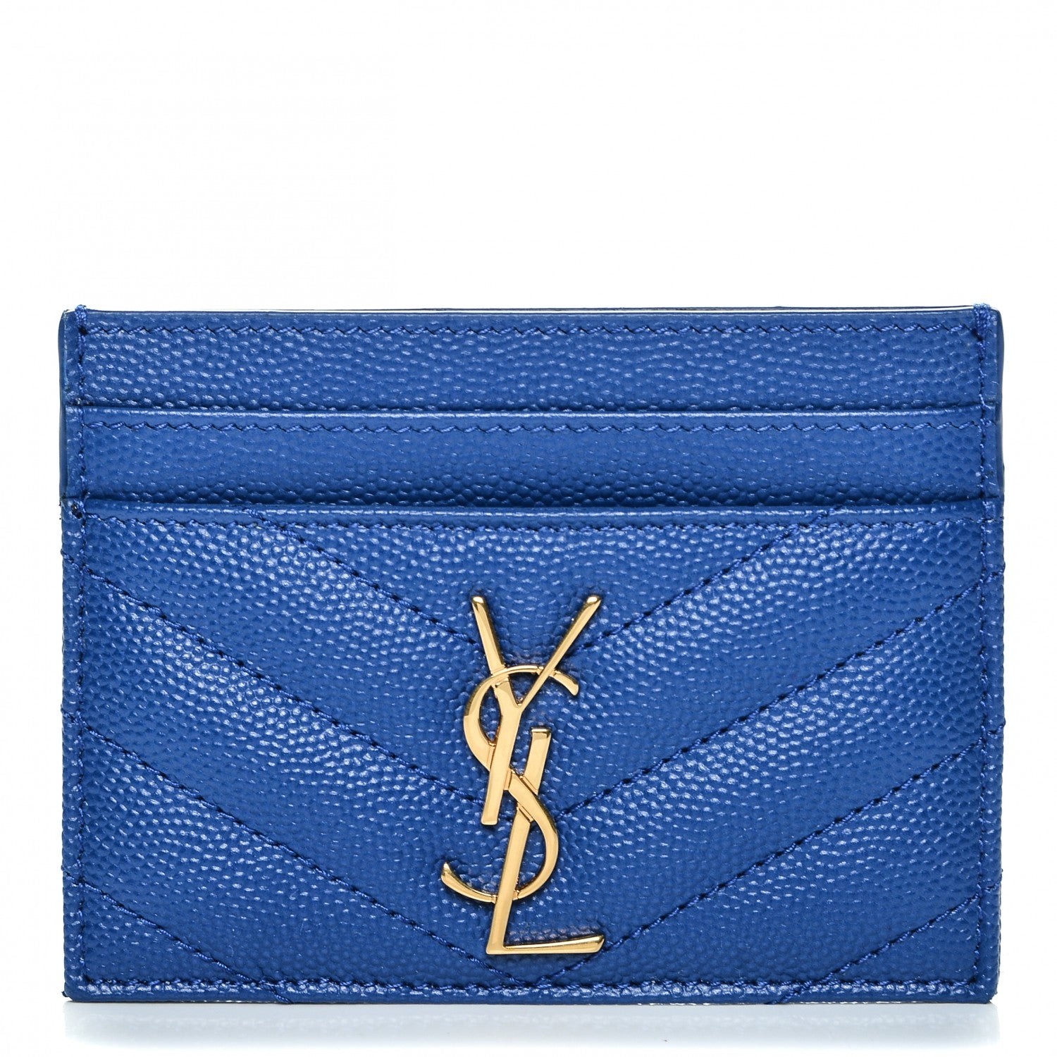 Saint Laurent Grain De Poudre Matelasse Chevron Monogram Credit Card Case Blue Majorelle 1 of 7