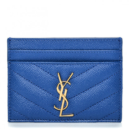 Saint Laurent Grain De Poudre Matelasse Chevron Monogram Credit Card Case Blue Majorelle 1 of 7
