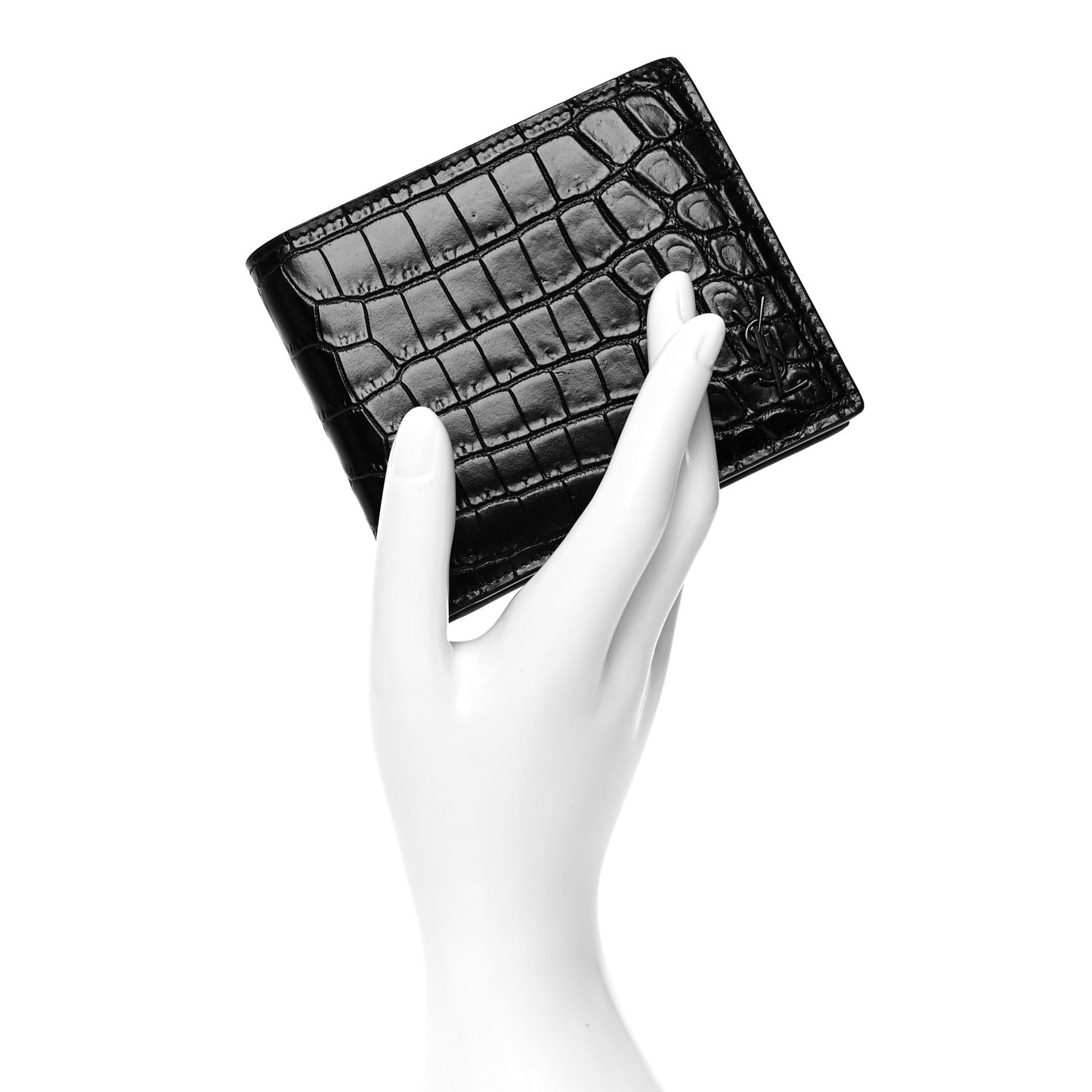 Calfskin Crocodile Embossed Monogram Bifold Wallet Black