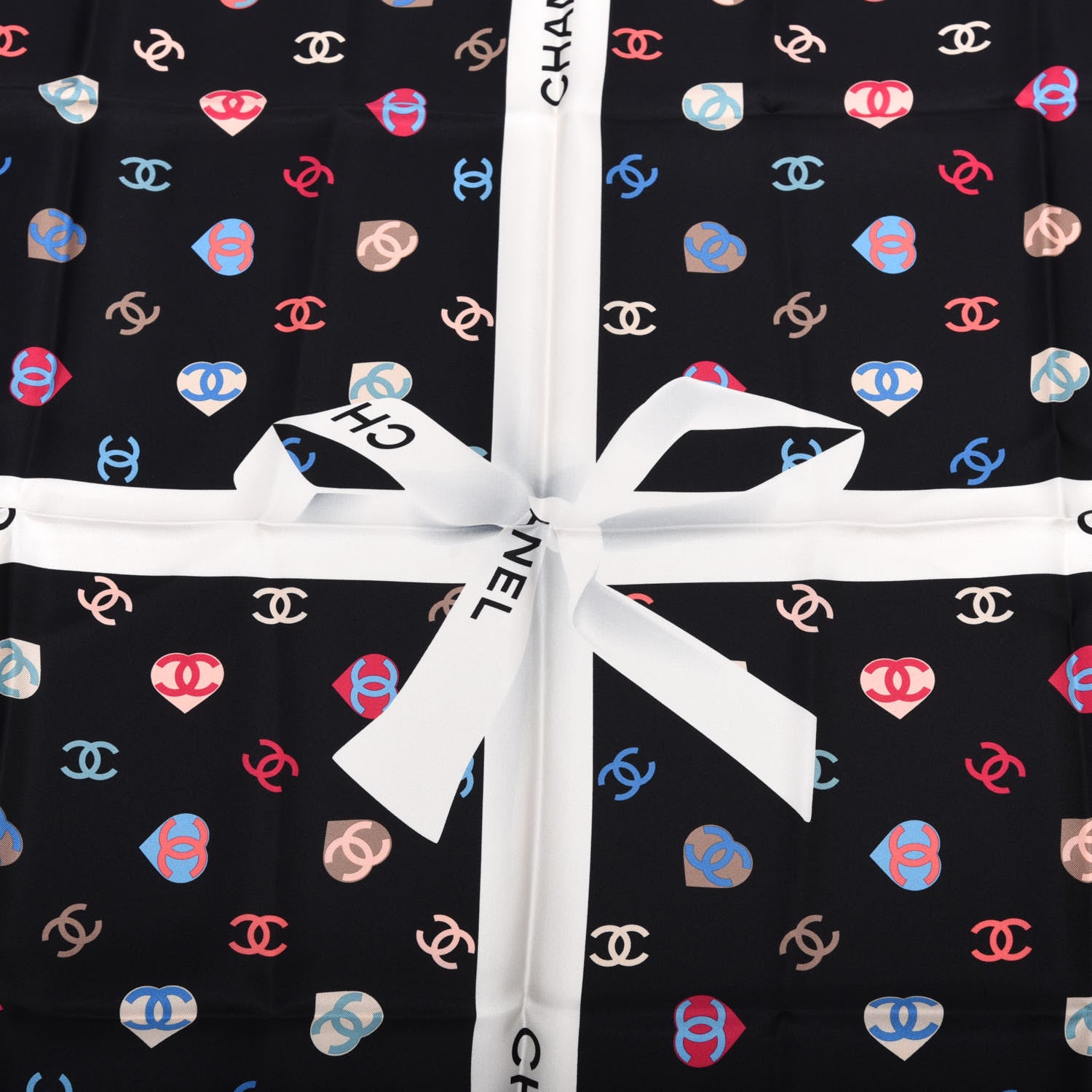 Chanel Silk Twill Heart CC Square Scarf Ecru Black 4 of 4