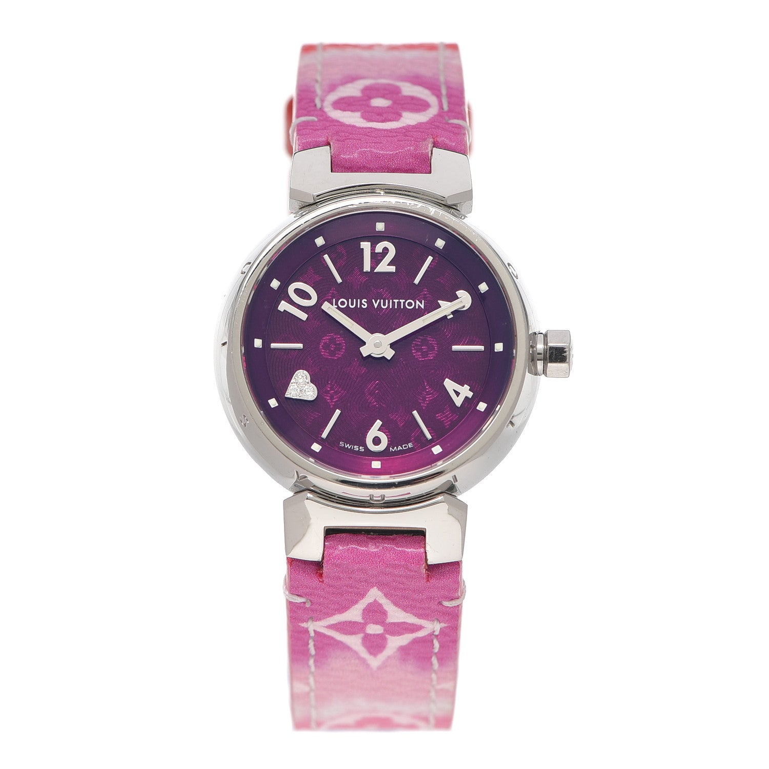 Louis Vuitton Stainless Steel Monogram Diamond 28mm Tambour Quartz Watch Purple 1 of 4
