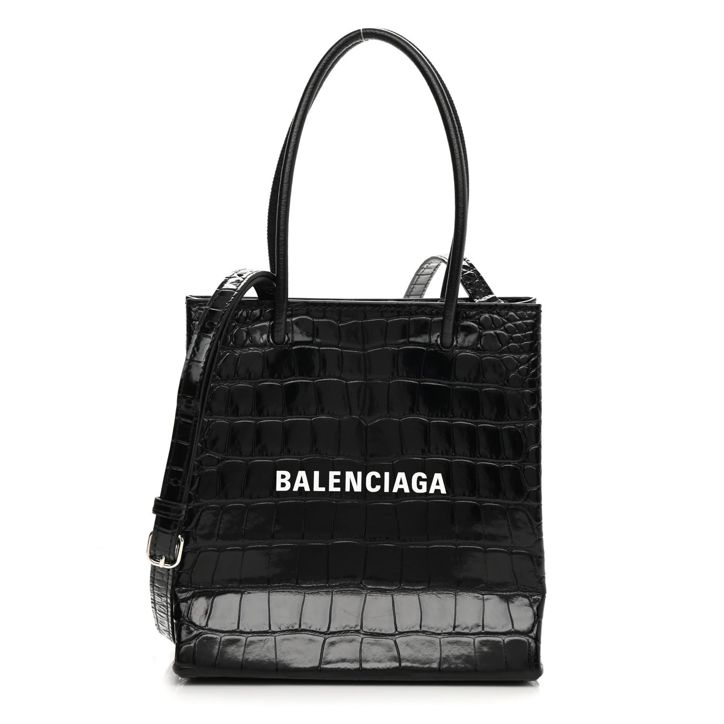 Shiny Calfskin Logo Crocodile Embossed North South Shopper Tote XXS Black White