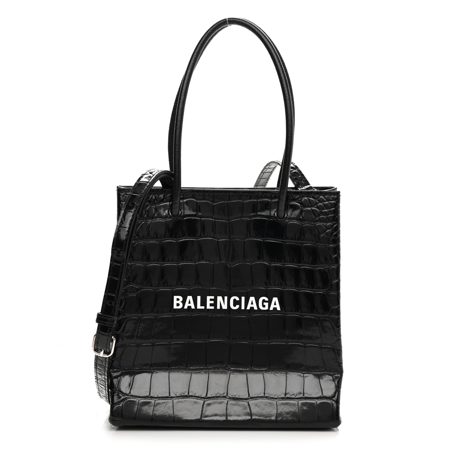 Balenciaga Shiny Calfskin Logo Crocodile Embossed North South Shopper Tote XXS Black White 1 of 10