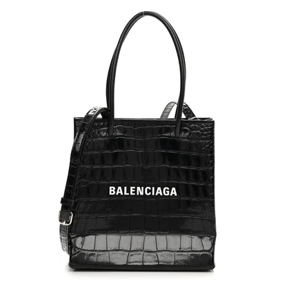 Balenciaga Shiny Calfskin Logo Crocodile Embossed North South Shopper Tote XXS Black White 1 of 10