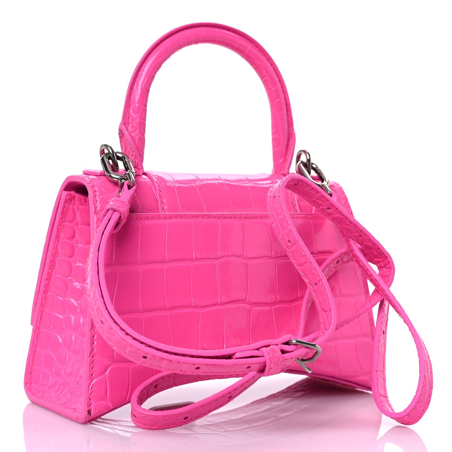 Shiny Calfskin Crocodile Embossed Hourglass Top Handle Bag XS Neon Pink