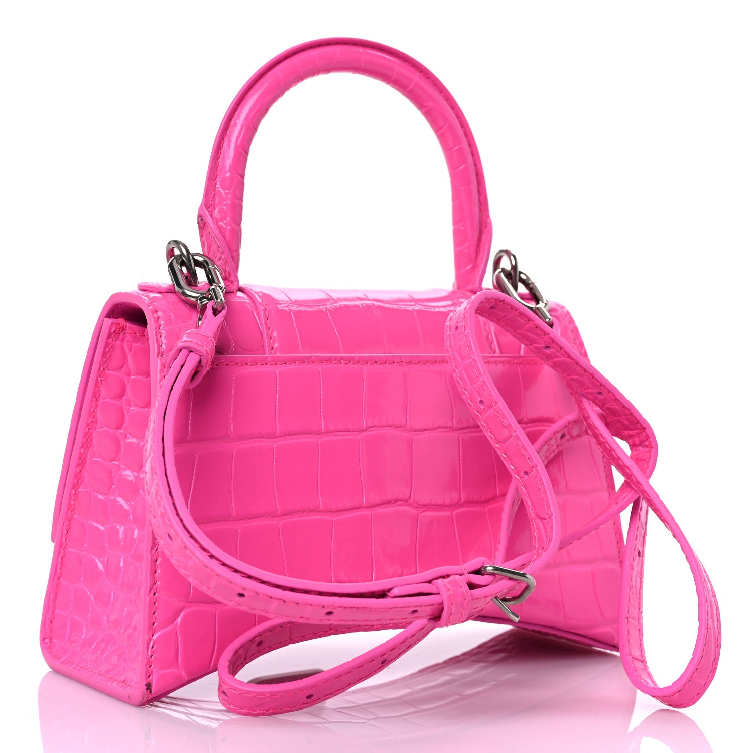 Balenciaga Shiny Calfskin Crocodile Embossed Hourglass Top Handle Bag XS Neon Pink 2 of 12