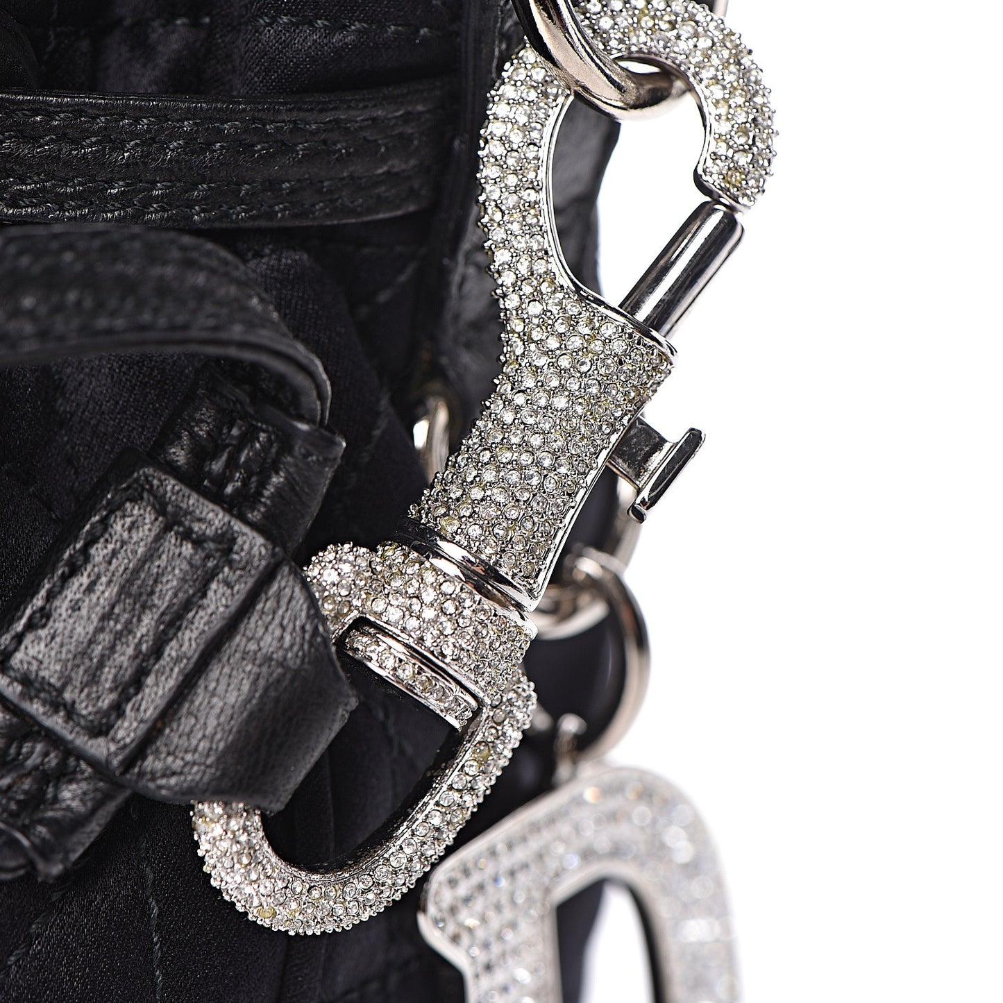 Satin Crystal Cannage Drawstring Bag Black