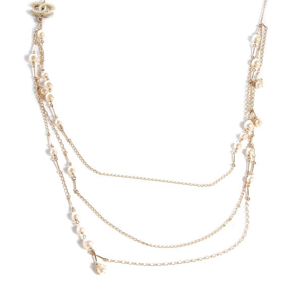Pearl CC Long Chain Necklace Gold