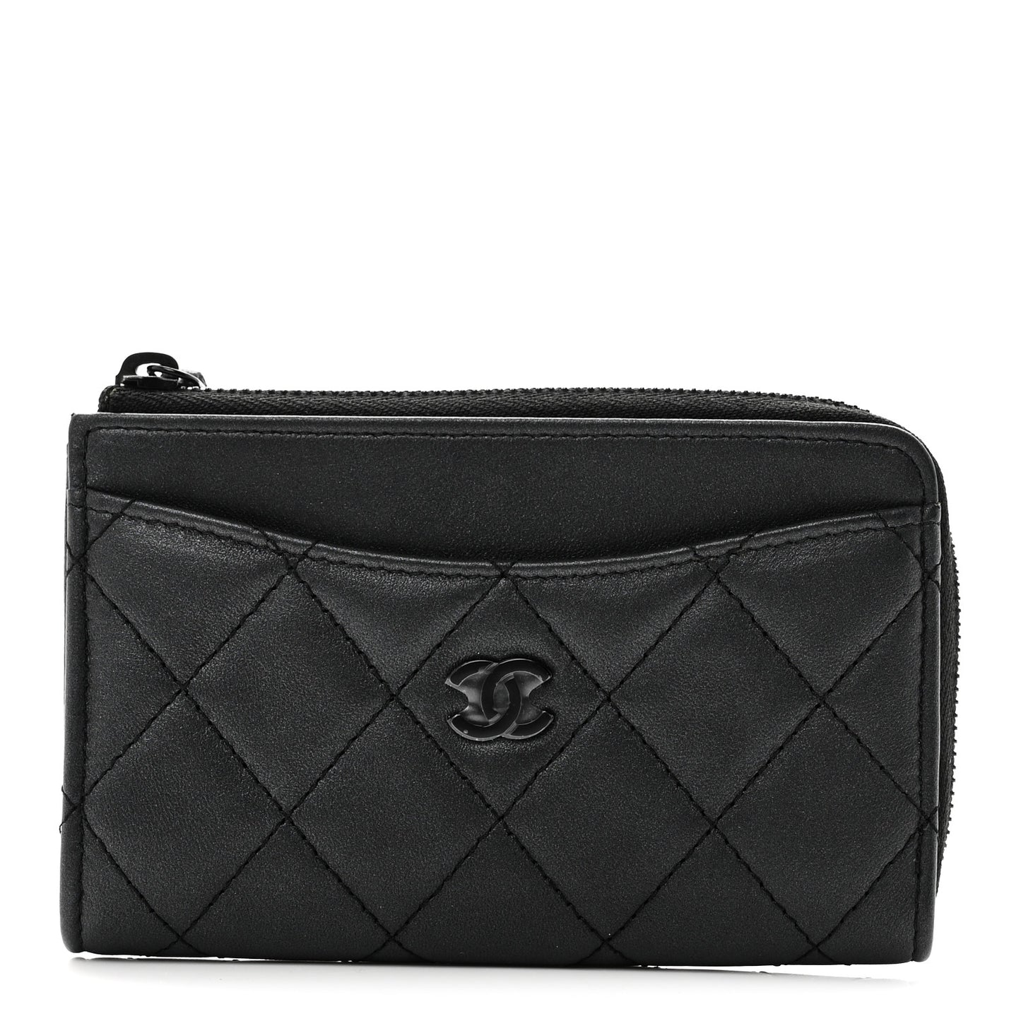 Pearly Lambskin Quilted Zip Card Holder So Black